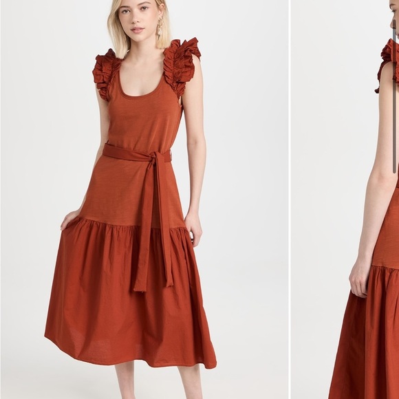 Nation Everleigh Frilly Dress Cayenne Red Orange poplin flutter sleeve Sz XS - Picture 2 of 14